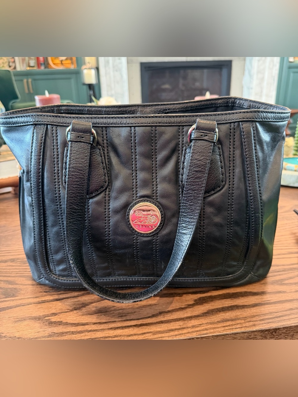 Vintage Celine (of Paris) black Leather Tote Bag with Carriage Emblem in Brass